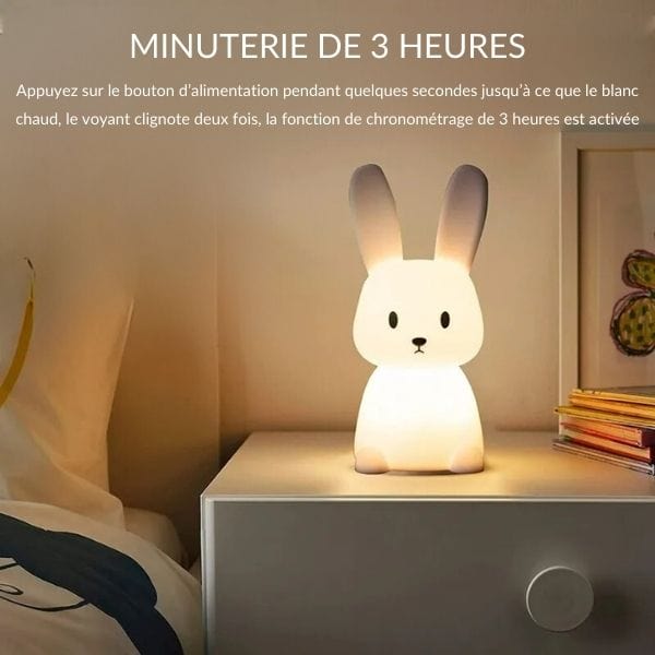 Détail des oreilles lumineuses de la veilleuse lapin