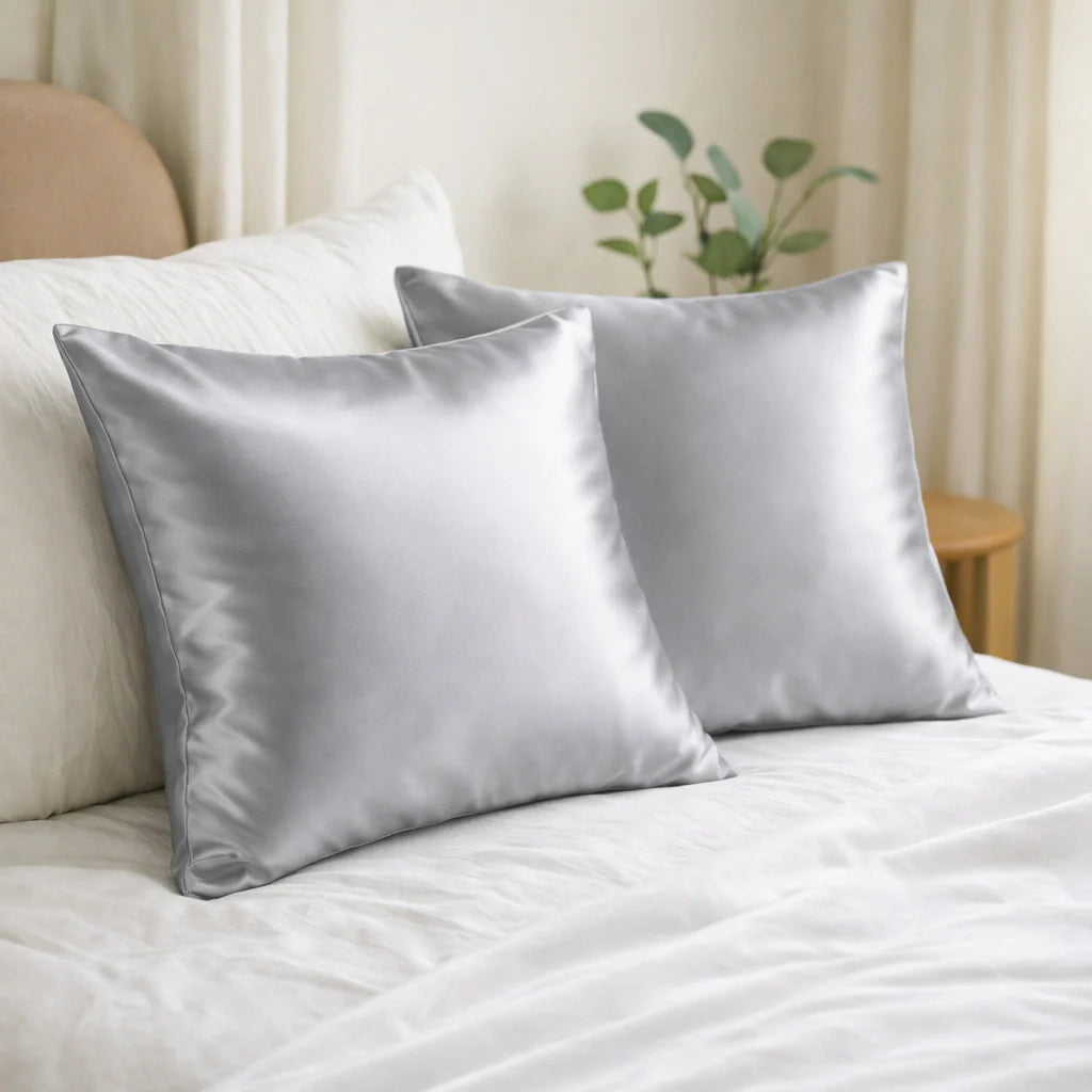 Chambre élégante avec taie d'oreiller en soie sur lit