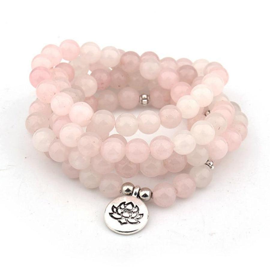 Vue d'ensemble du mala 108 en cristal rose naturel
