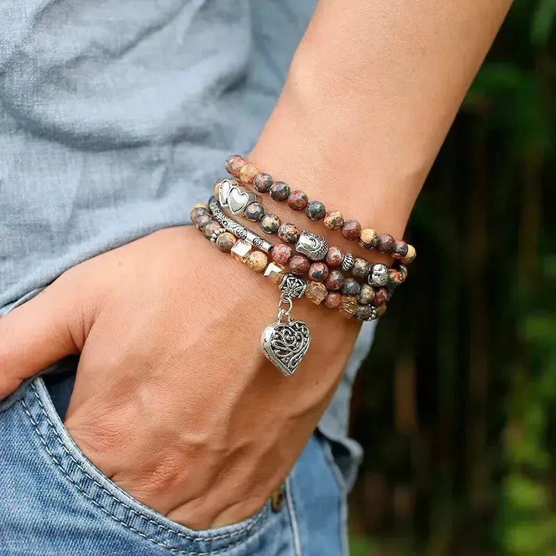 Mala en jaspe léopard avec perles gravées et charm lotus