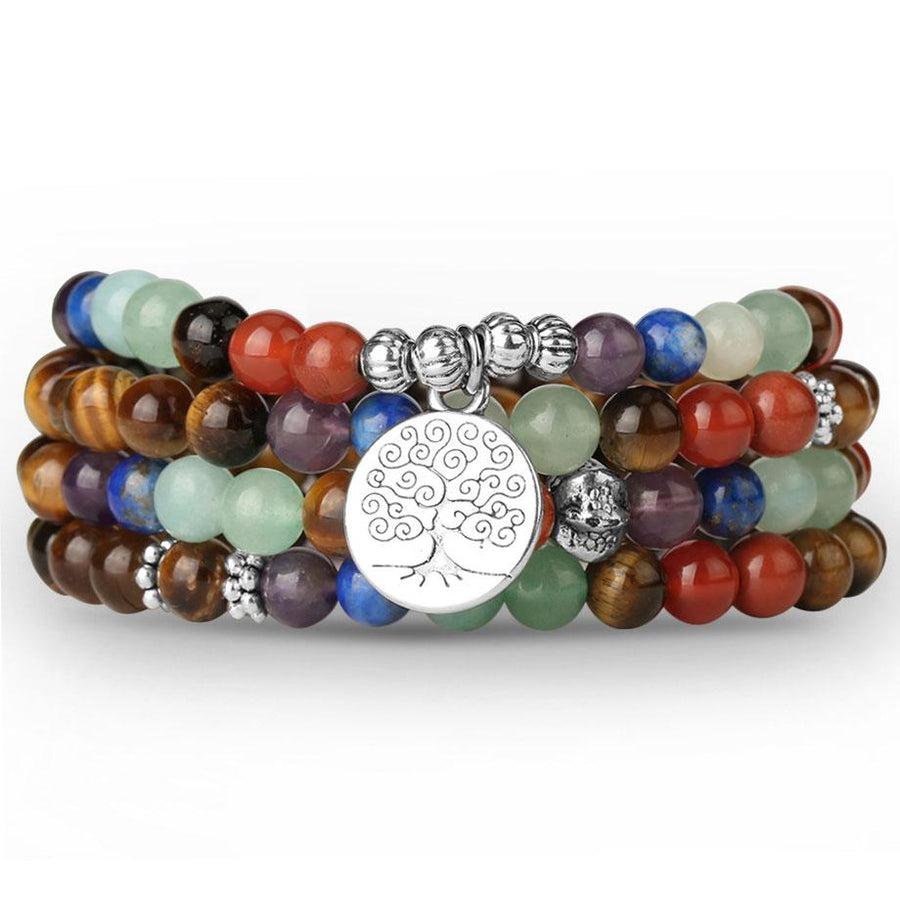 Mala bouddhiste 7 chakras avec perles colorées et pendentif arbre de vie