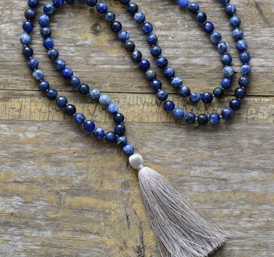 Mala en sodalite avec perles bleues et gland gris