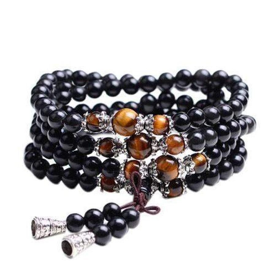 Mala de 108 perles en œil de tigre et obsidienne