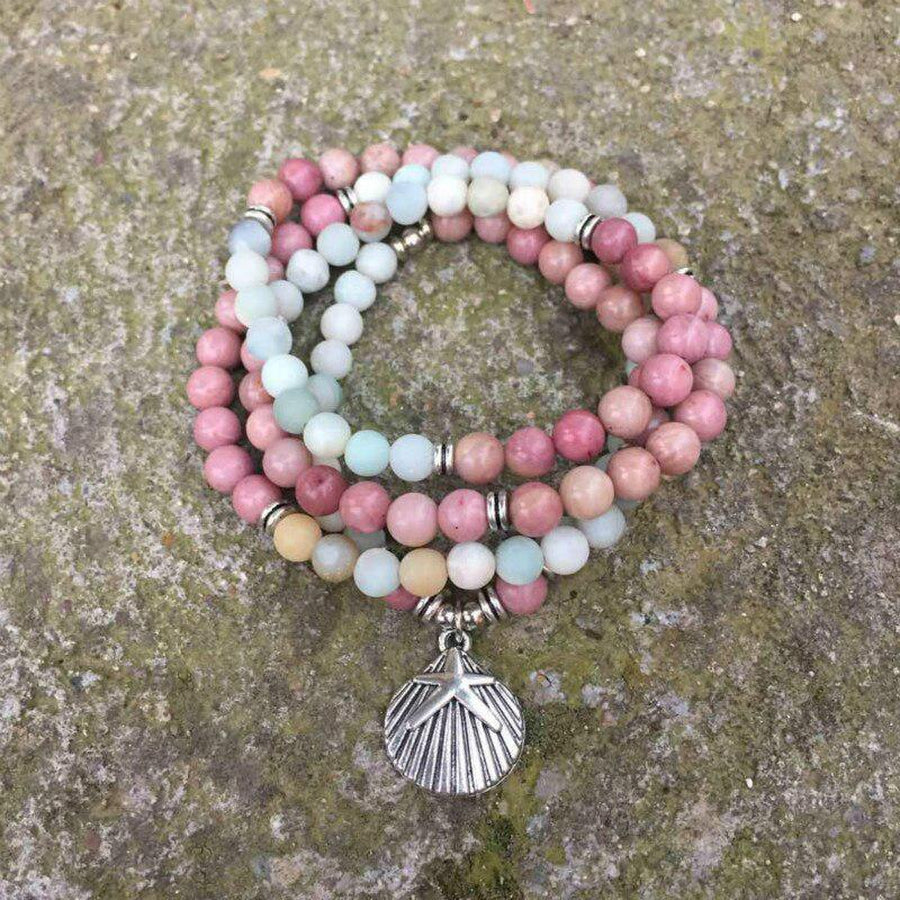 Mala en amazonite et perles colorées avec pendentif coquillage
