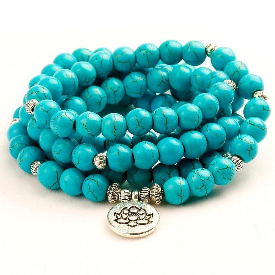 Mala en turquoise véritable avec 108 perles et lotus