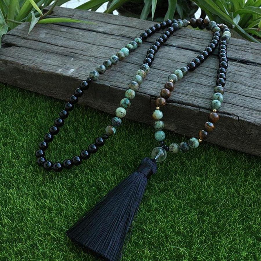 Mala 108 perles en Onyx, Turquoise et Œil de Tigre
