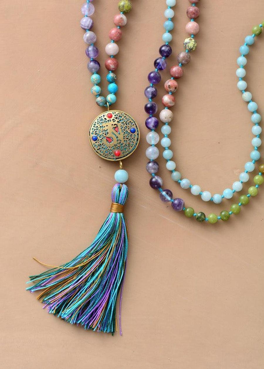 Mala 108 perles en agate et jaspe avec pompon coloré
