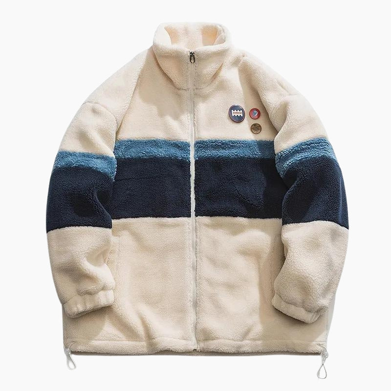 Vue de face du manteau en laine crème et bleu marine
