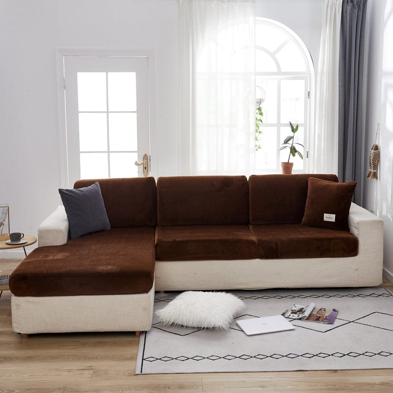 Housse en velours marron, ajustement parfait sur coussin de canapé