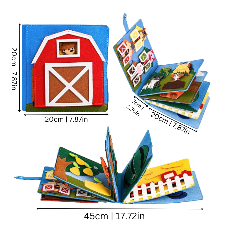 Livre en feutre avec pages colorées et éléments sensoriels