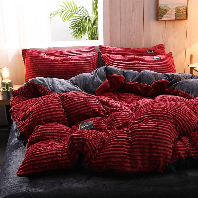 Ensemble de lit en velours rouge avec taies d'oreiller assorties