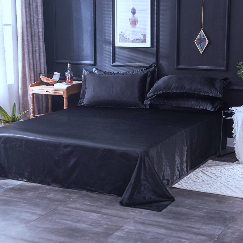 Parure de lit noire en satin polyester avec deux taies d'oreiller