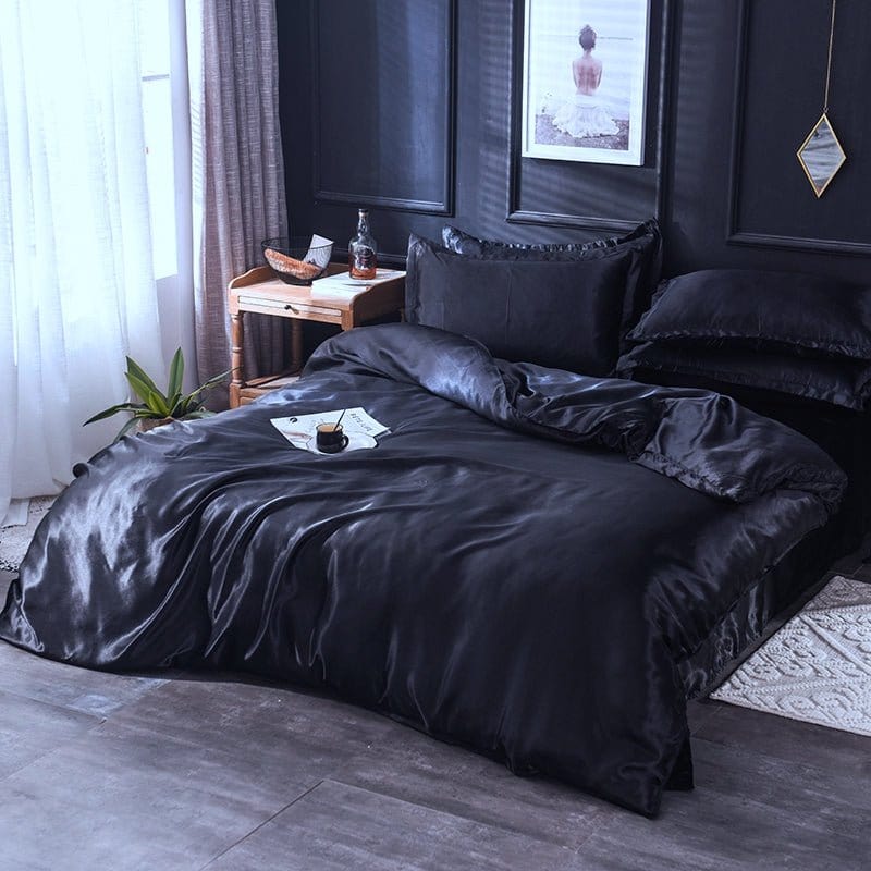 Ensemble complet de lit noir en satin, drap et taies inclus