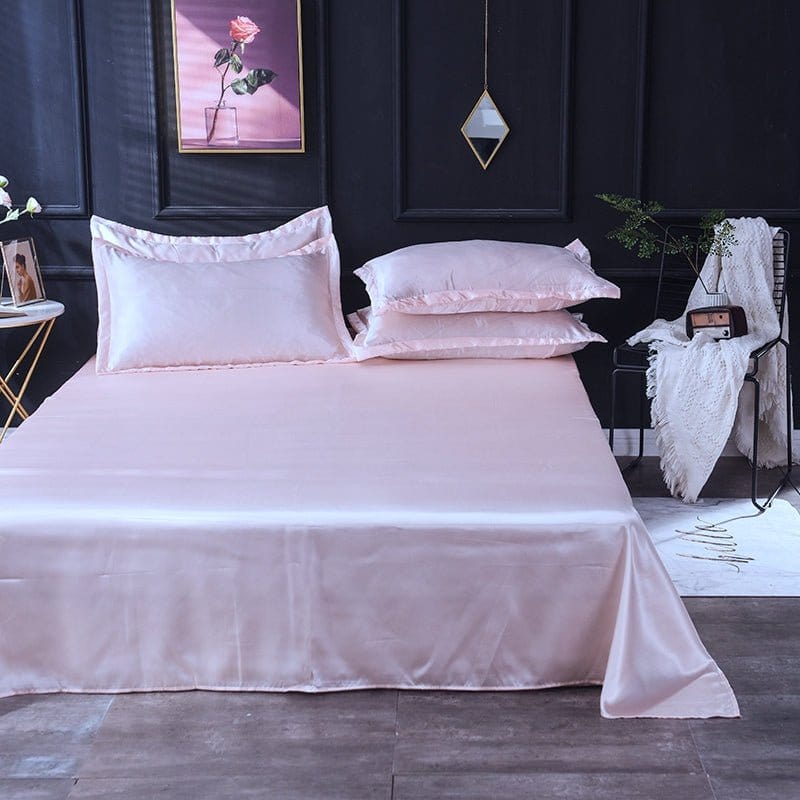 Parure de lit rose clair en satin polyester avec deux taies d'oreiller