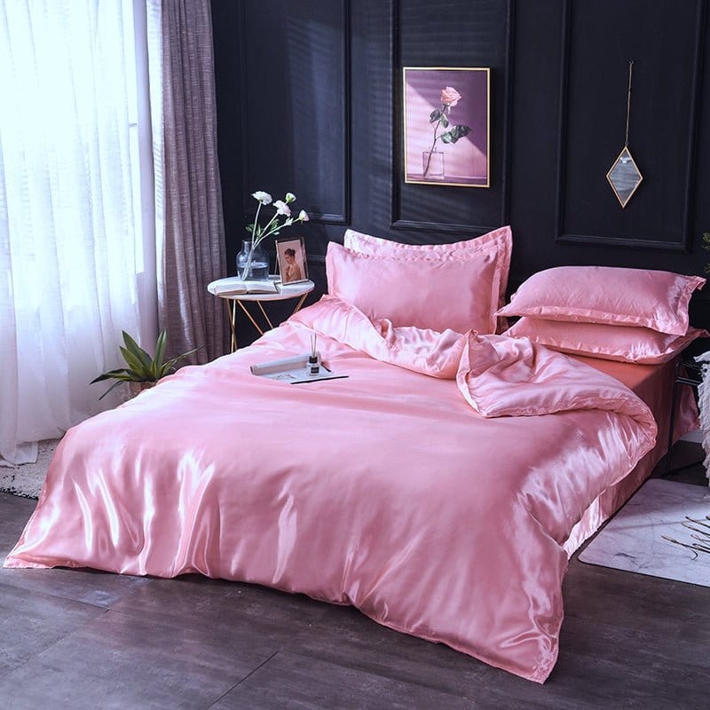 Parure de lit complète en satin rose, drap et taies inclus