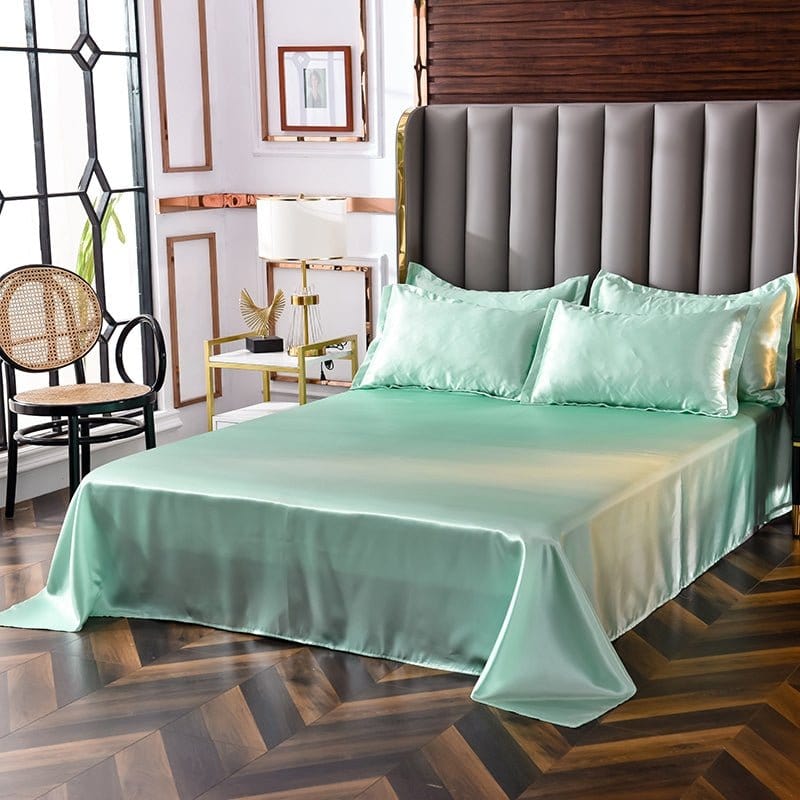 Parure de lit vert opaline en satin polyester, vue d'ensemble