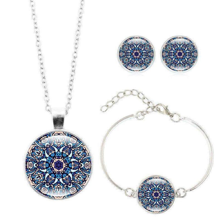 Parure mandala complète avec pendentif, boucles et bracelet