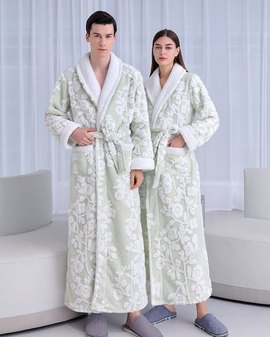 Peignoir couple polaire vert et blanc motif fleuri