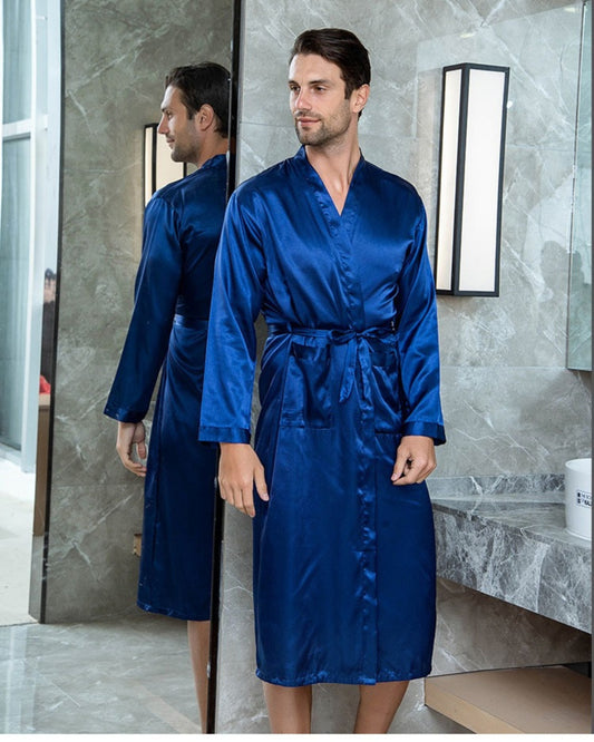 Peignoir homme en satin bleu kimono d’été