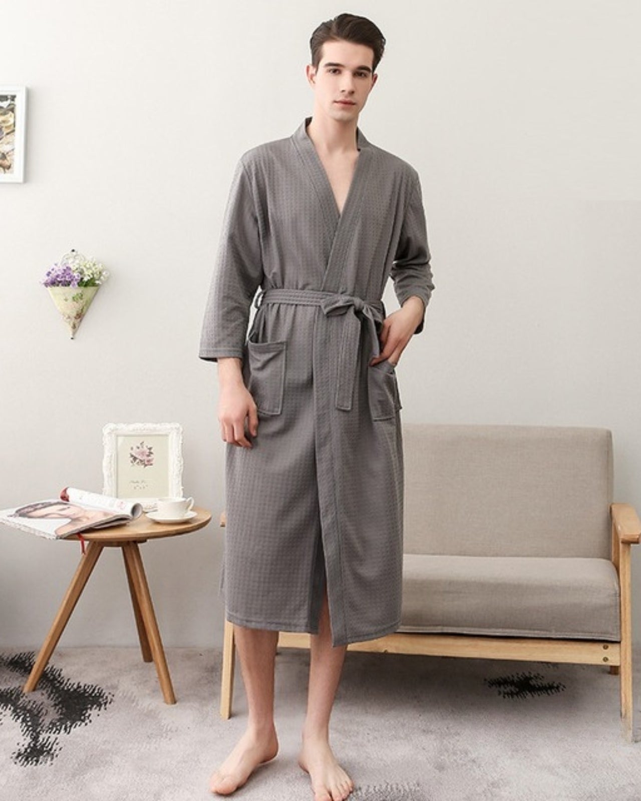 Peignoir homme kimono gaufré spa gris