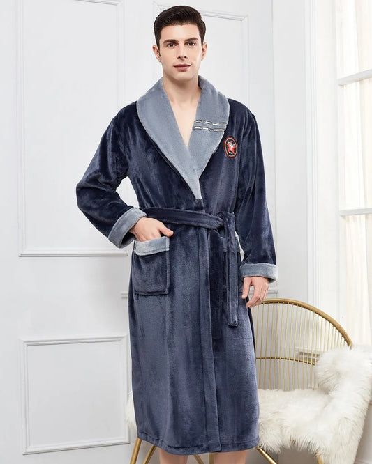 Peignoir homme polaire kimono col en V bleu et gris