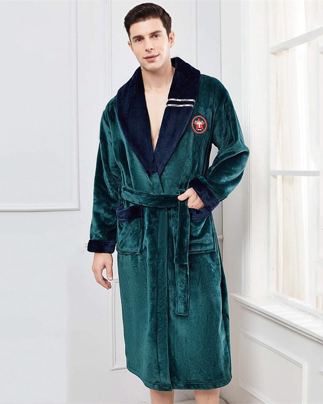 Peignoir homme polaire kimono col en V bleu et vert