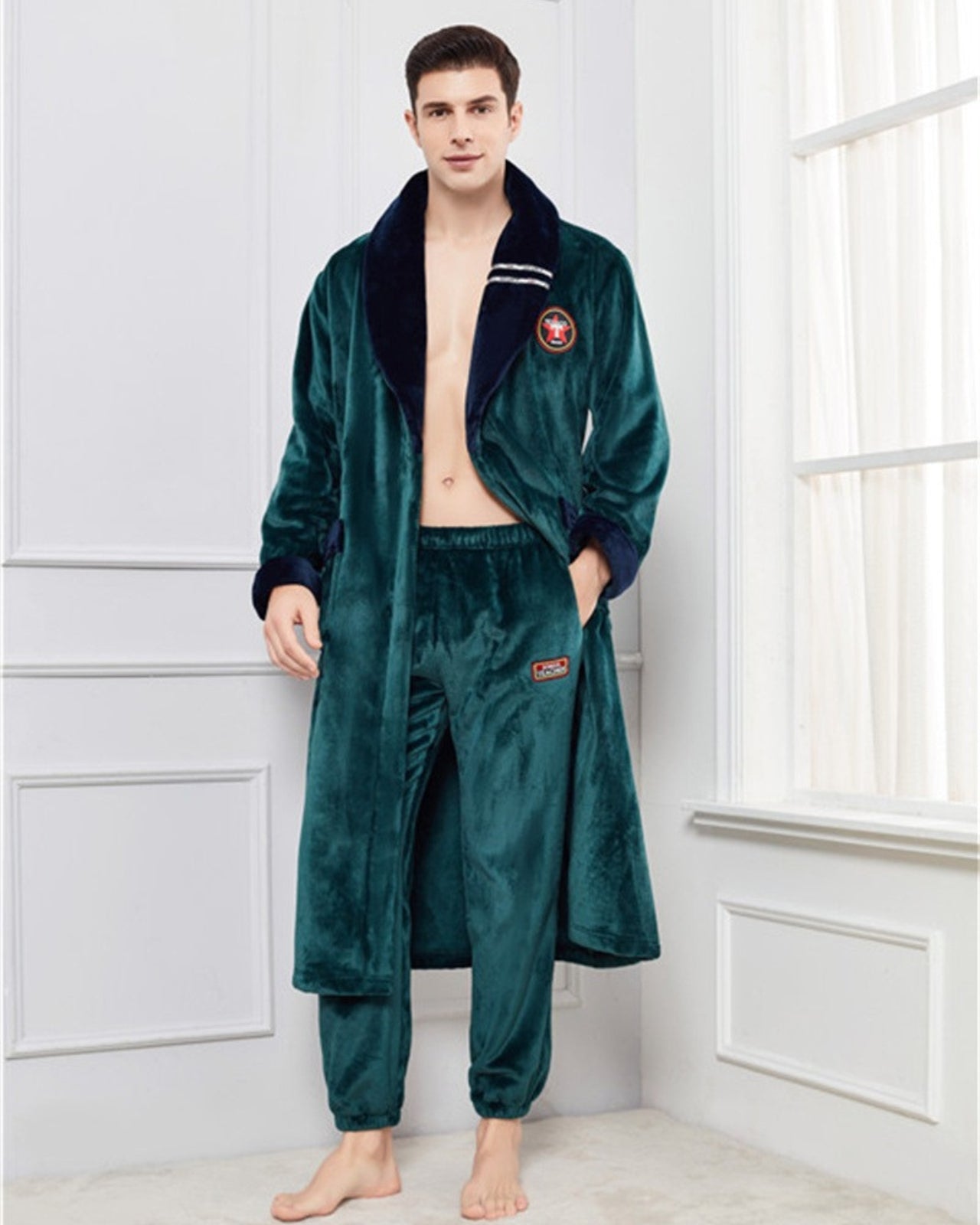Peignoir homme polaire kimono col en V bleu et vert