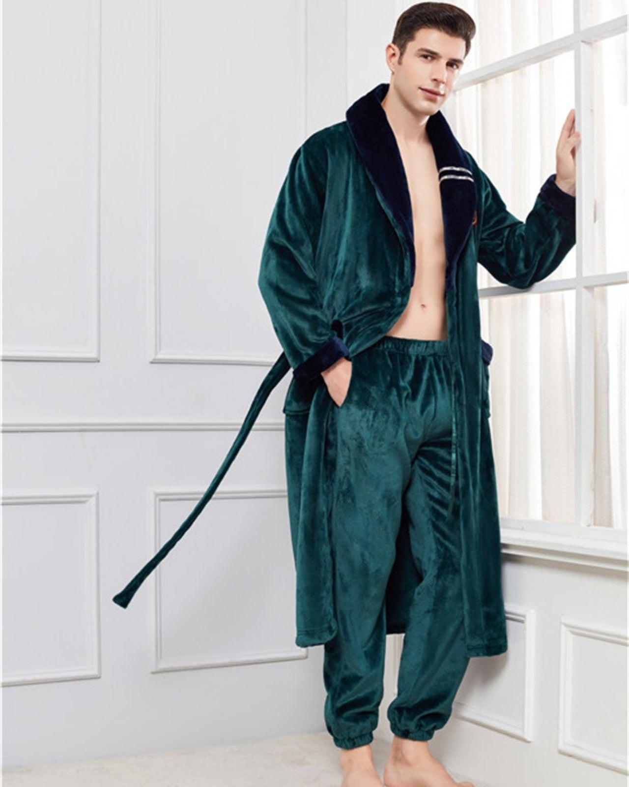 Peignoir homme polaire kimono col en V bleu et vert