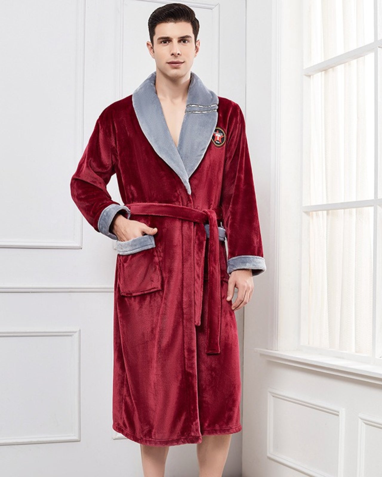 Peignoir homme polaire kimono col en V rouge et gris