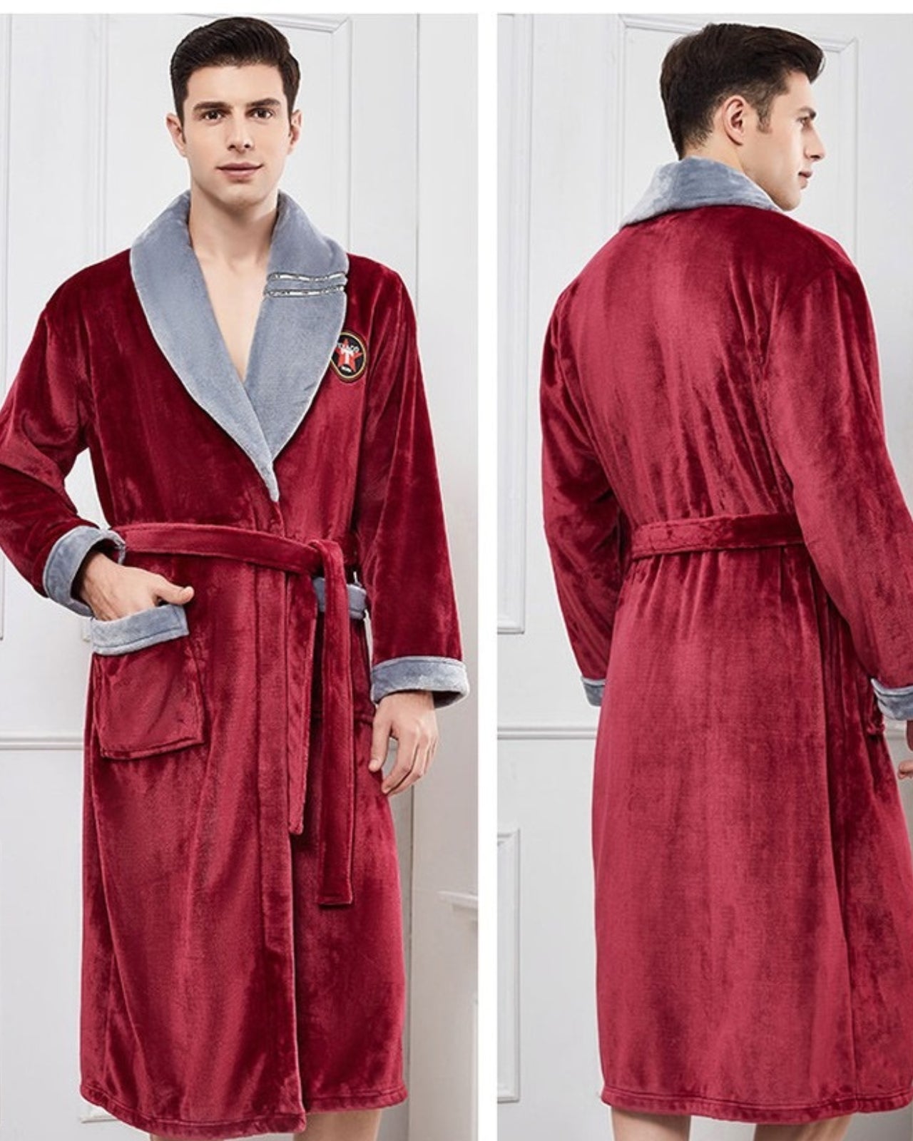 Peignoir homme polaire kimono col en V rouge et gris