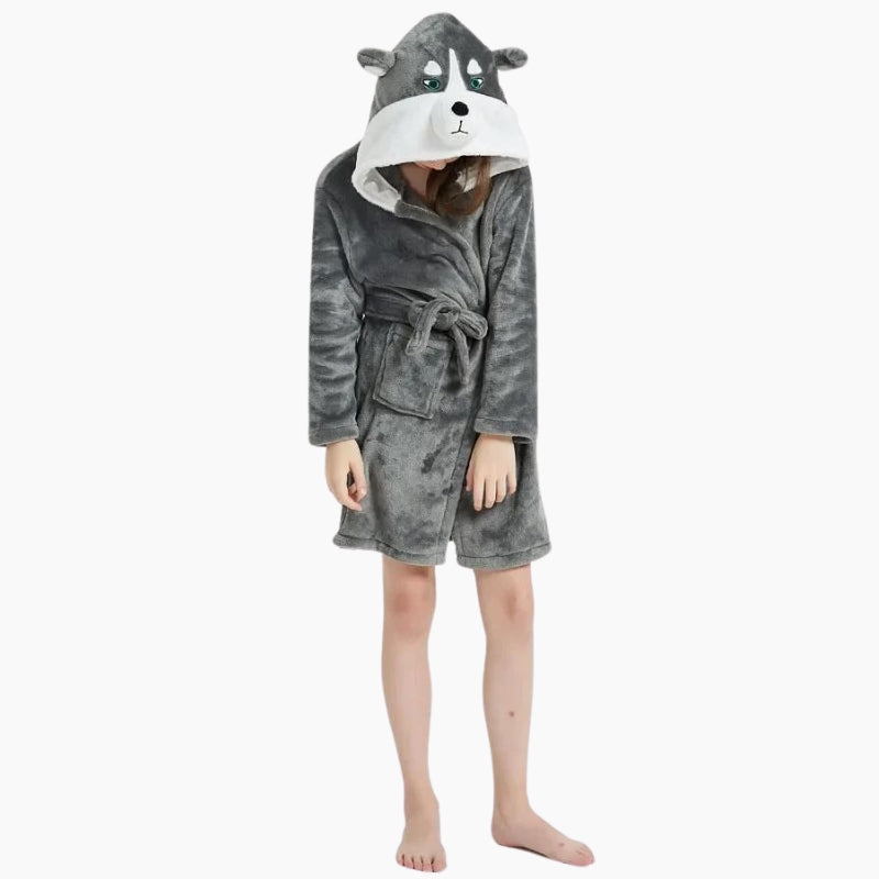Détail de la capuche husky du peignoir en polaire grise