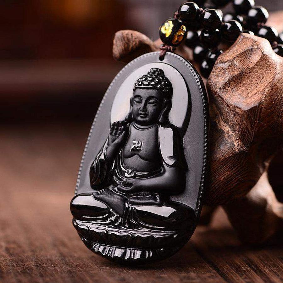 Pendentif obsidienne Bouddha Amitabha, vue de face détaillée
