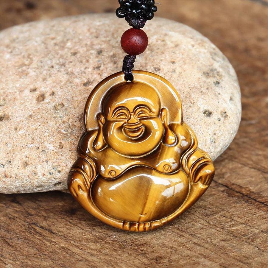 Pendentif Bouddha sculpté, pierre Œil de tigre polie