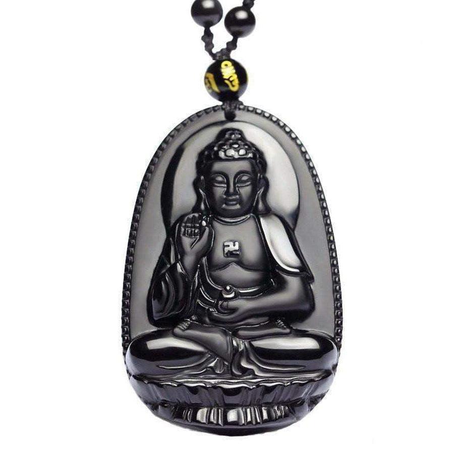 Pendentif Bouddha en obsidienne, perles noires visibles