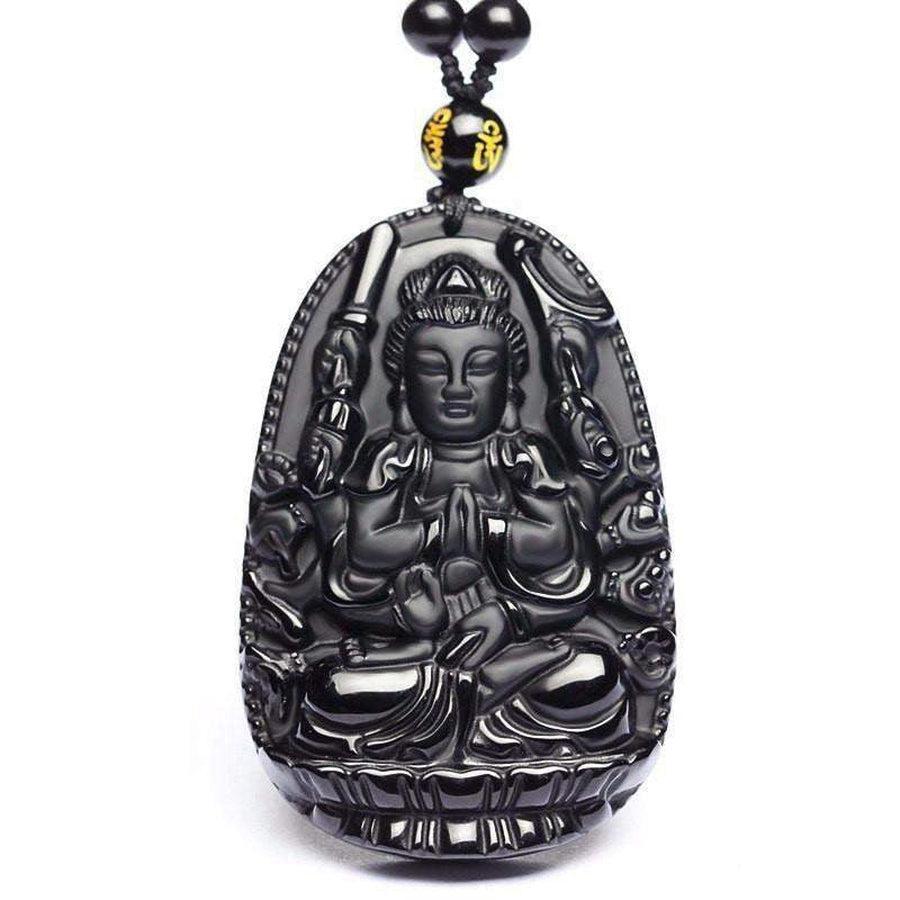 Collier de perles noires, pendentif Bouddha en gros plan