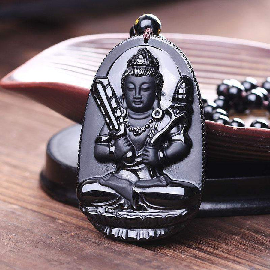 Pendentif Bouddha en obsidienne noire, vue de face