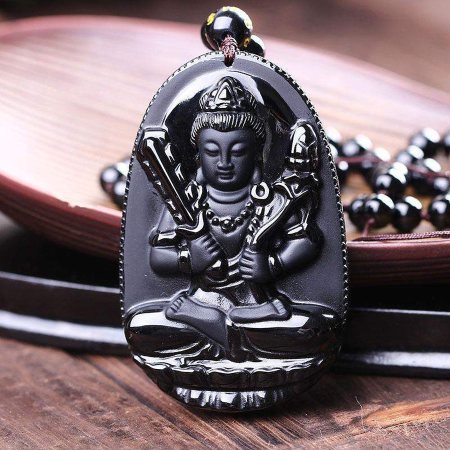 Pendentif obsidienne noire avec Bouddha en relief