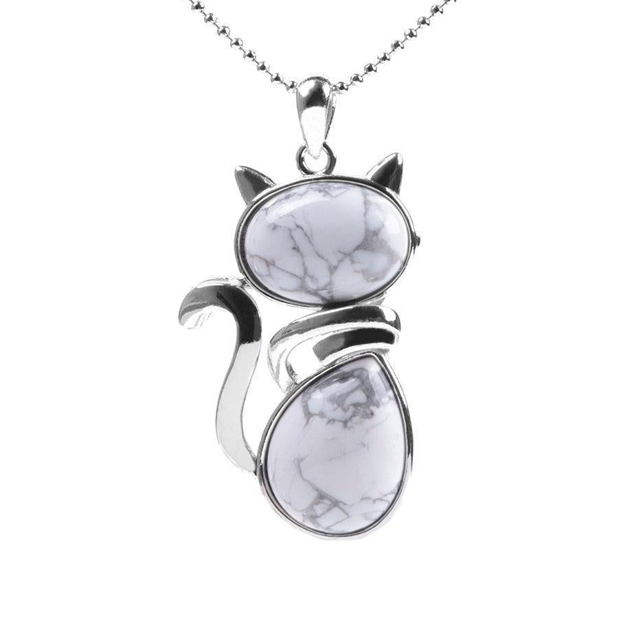 Pendentif chat en acier avec pierre bleue claire