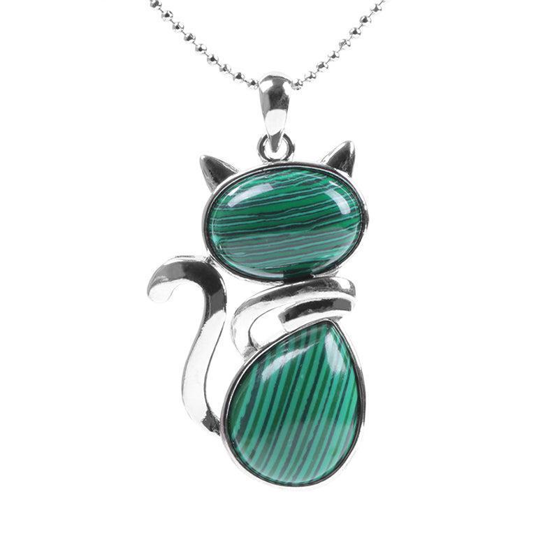 Pendentif chat en acier avec pierre violette foncée