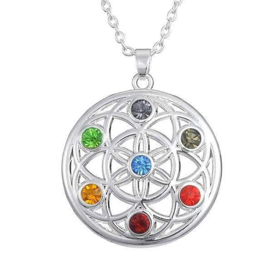 Pendentif harmonisant avec symboles des chakras et Fleur de Vie