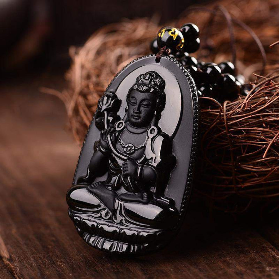 Pendentif obsidienne noir avec motif bouddhiste