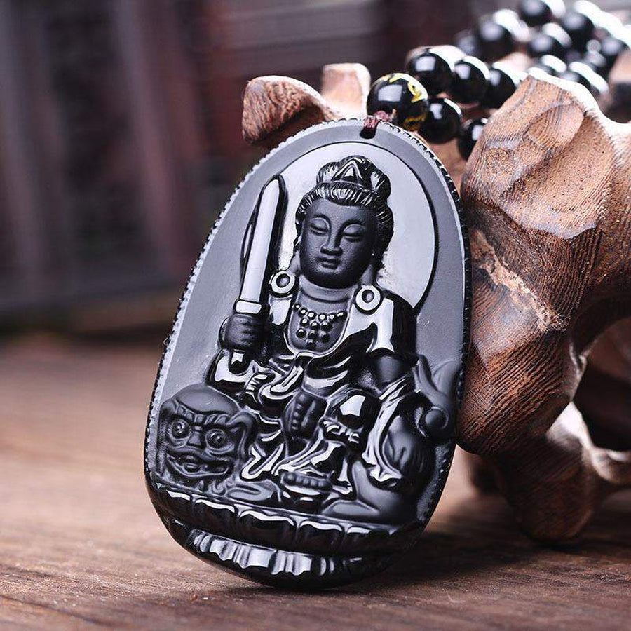 Pendentif Bouddha en obsidienne noire, gravure détaillée