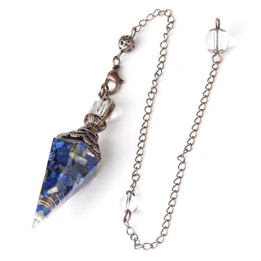 Vue latérale du pendule en lapis lazuli, forme conique