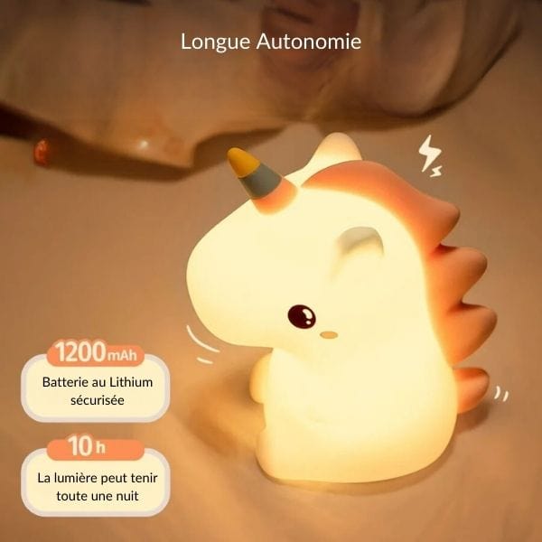 Veilleuse licorne en silicone doux sur fond blanc