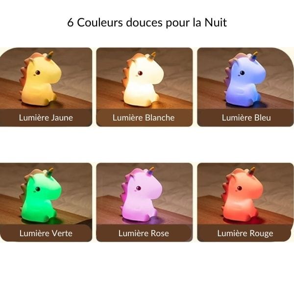 Vue de profil de la veilleuse licorne allumée