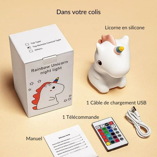 Gros plan sur la tête de la veilleuse licorne illuminée