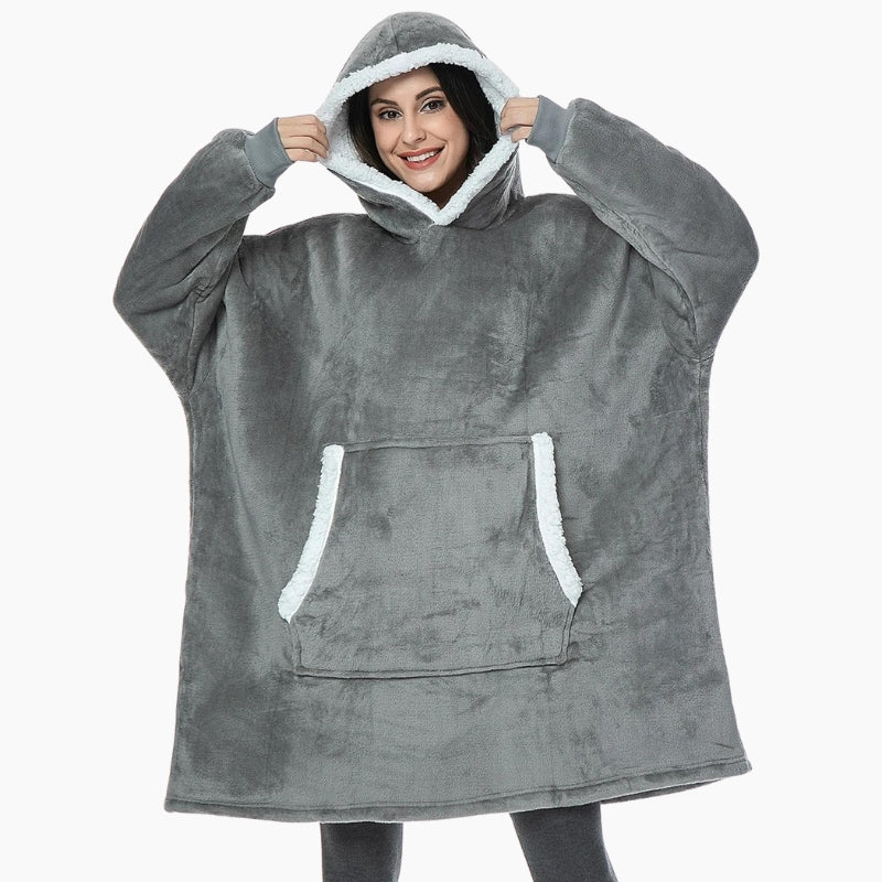 Poncho plaid gris avec grande poche kangourou et capuche