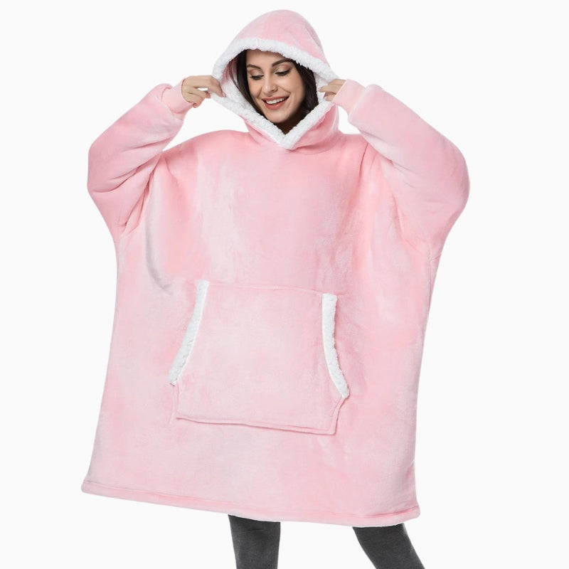 Poncho plaid rose moelleux avec poche kangourou pratique