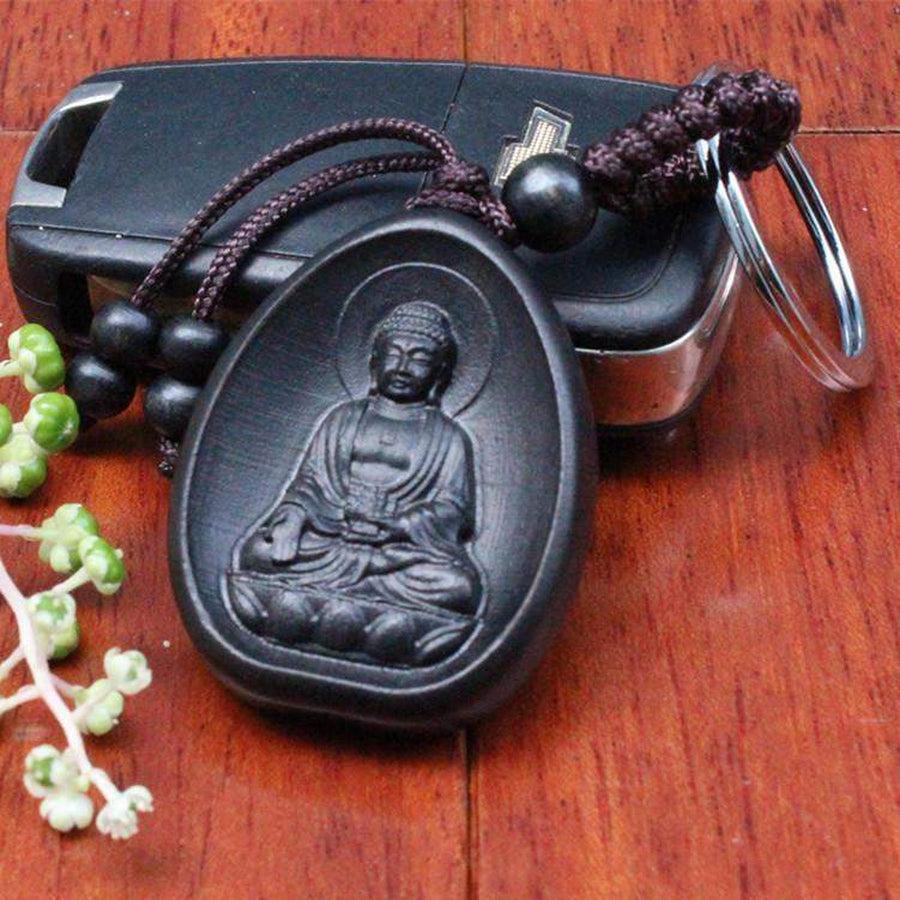 Porte-clés Bouddha Amitabha en bois de rose sculpté