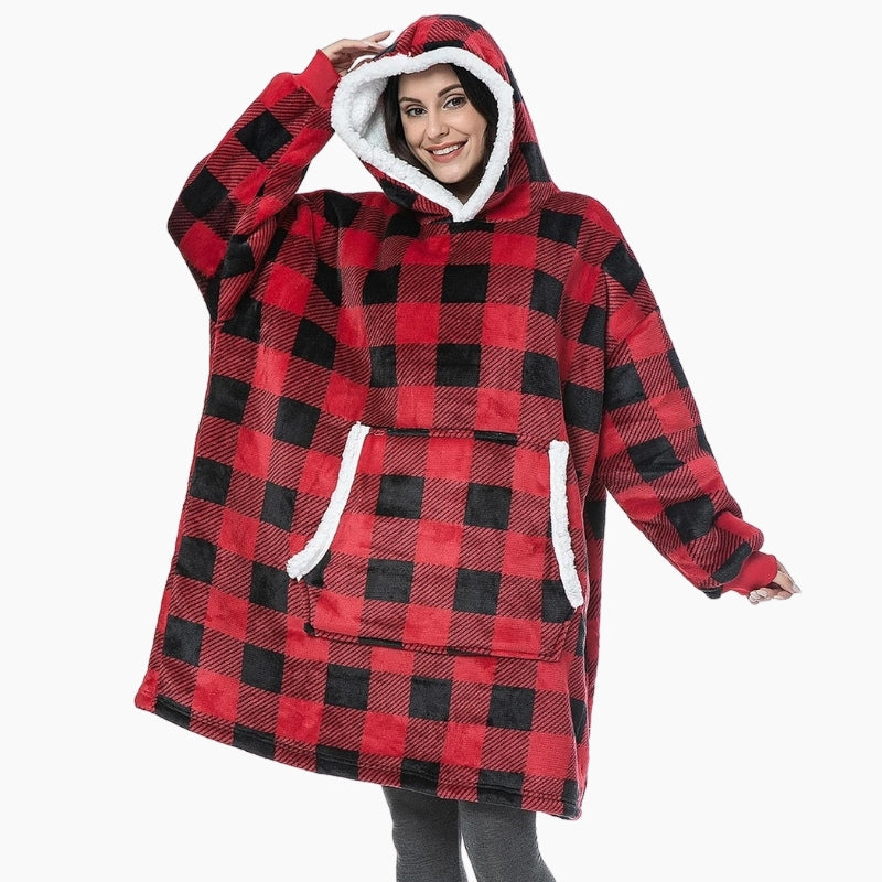 Pull plaid écossais rouge et noir en Pilou Pilou avec capuche